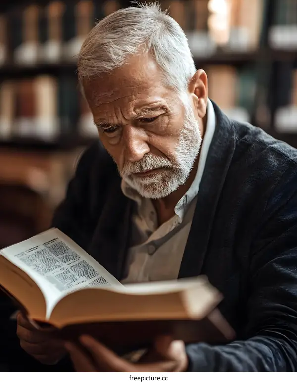 Senior Man Reading Book In Library