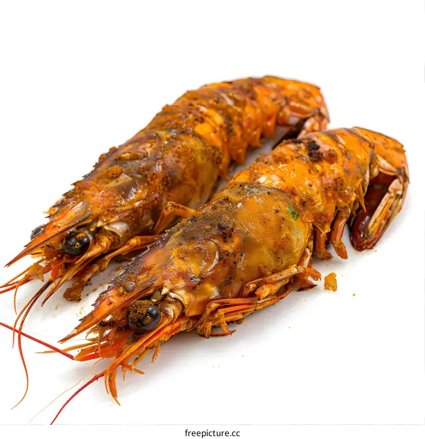 Two Grilled Prawns on White Background