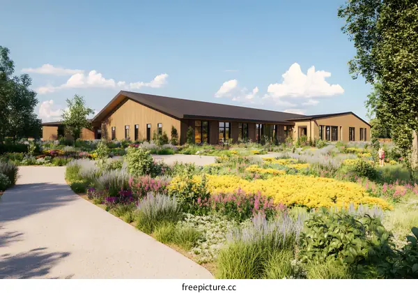 Modern Farmhouse Style Building with Garden