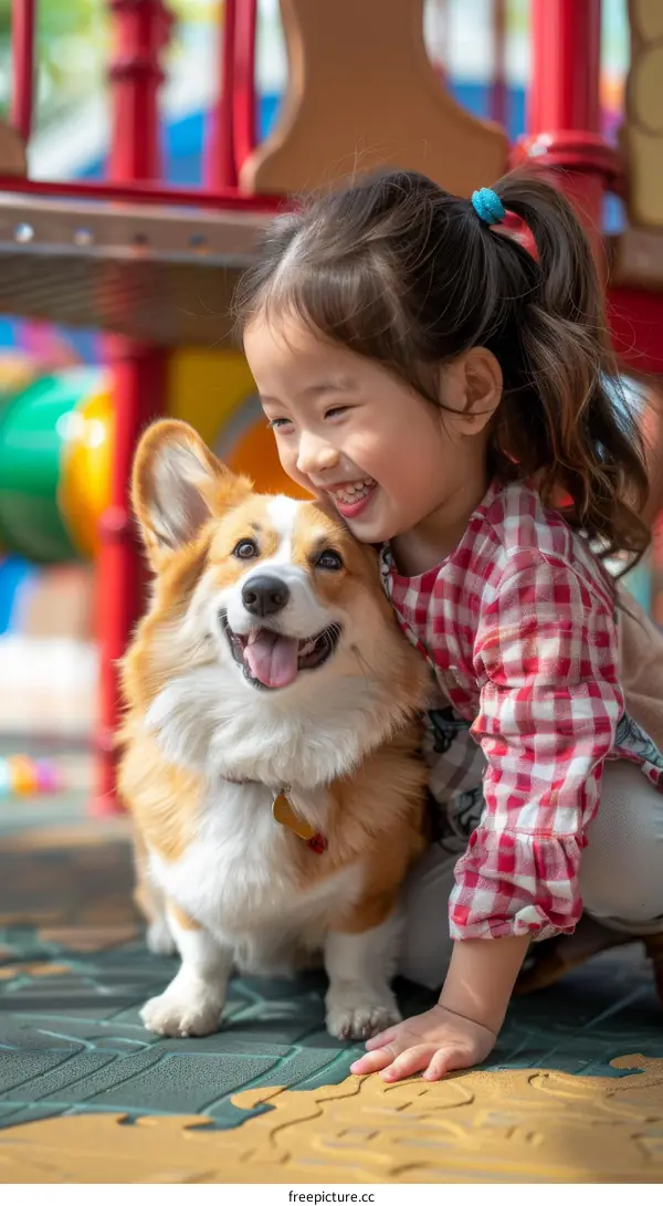 A happy girl playing with a cute dog in the playground