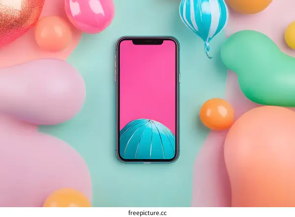 Smartphone with Pink Background and Balloons
