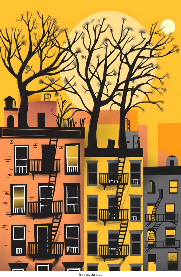 Silhouettes of Buildings with Trees on the Roof Under a Yellow Sky