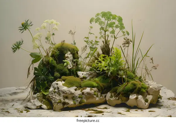 Green Mossy Rock Formation With Wild Plants