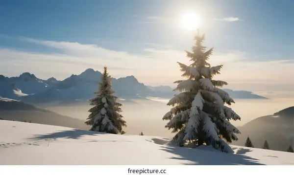 Sunlit Snow-Covered Pines Against Mountainous Backdrop
