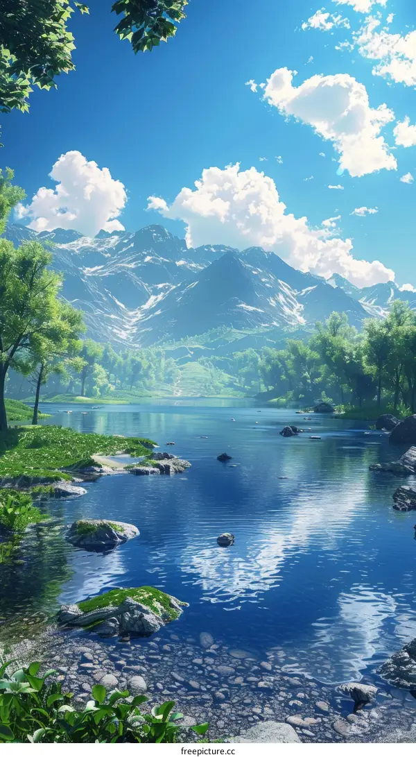 Panoramic view of a tranquil mountain landscape with lush greenery and flowing river
