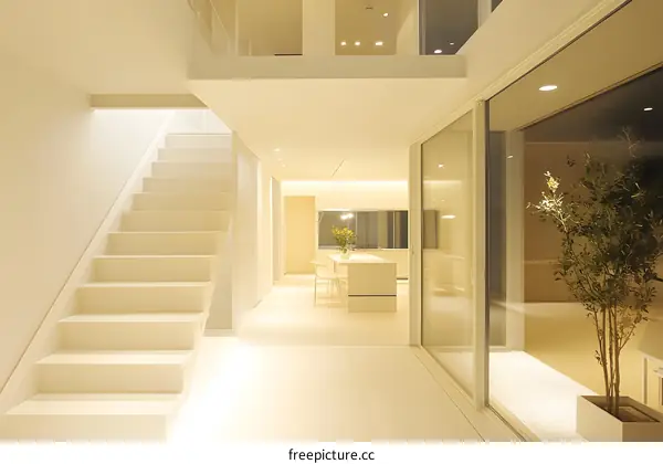 Modern White Staircase Interior Design with Sliding Glass Door