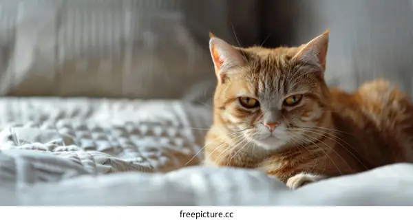 A ginger cat is lying on a white blanket
