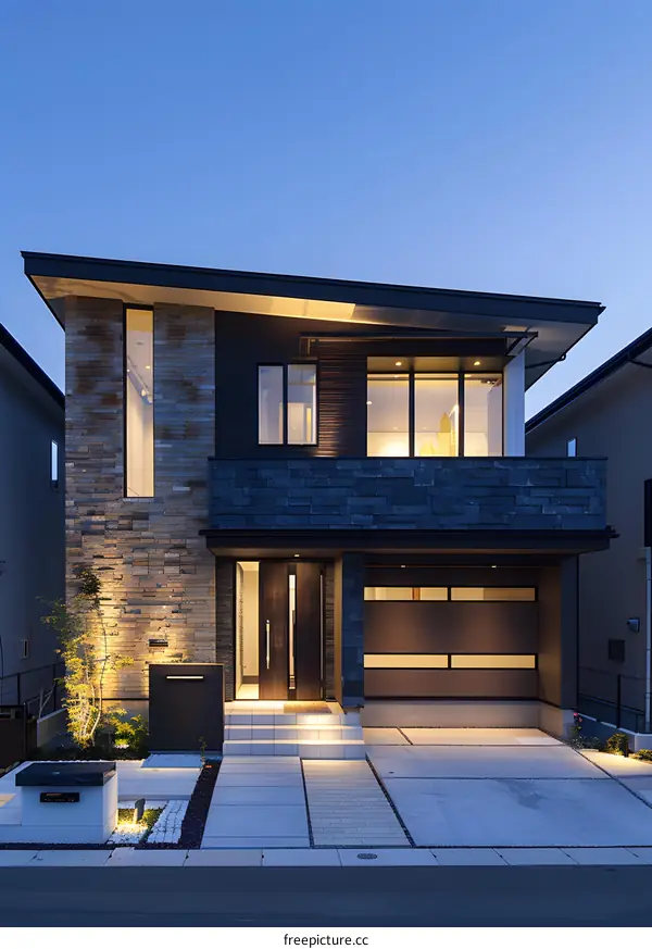 Modern Two Story House with Stone Facade and Garage