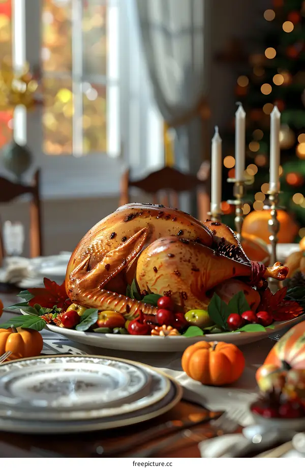 Thanksgiving dinner table with roasted turkey, pumpkins, and candles.