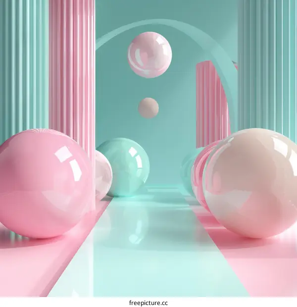 Pink and mint pastel color 3D rendering podium with pastel balls