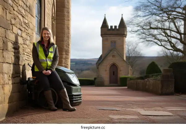 Young woman gardener leaning on a ride-on lawnmower