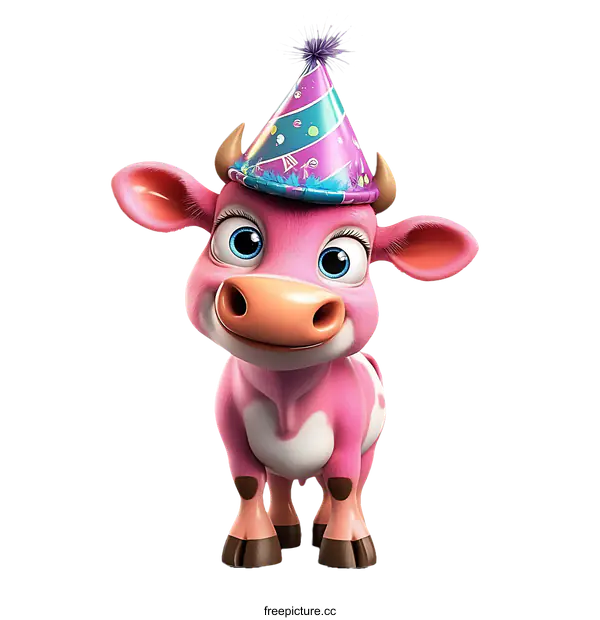 [Transparent Background PNG]Pink Cow Wearing Party Hat Illustration