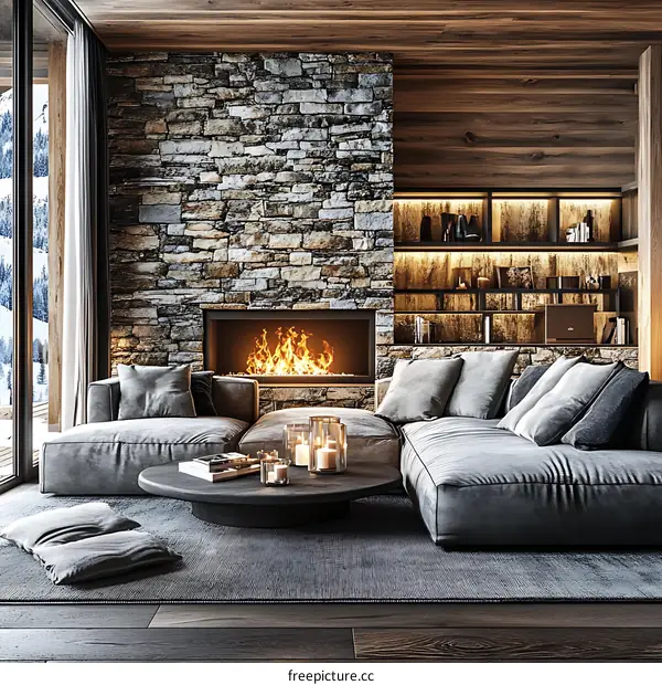 Modern Cozy Living Room with Fireplace and Stone Wall