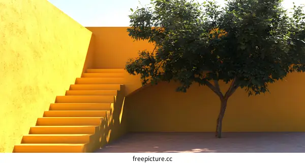 Yellow Wall Minimalist Architecture Stairs Tree Shadow