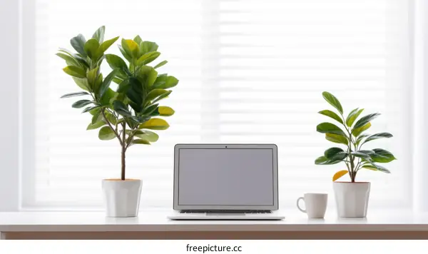 A desk with a laptop, a coffee mug and two potted plants