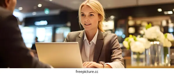 Businesswoman Talking To A Man While Looking At A Laptop