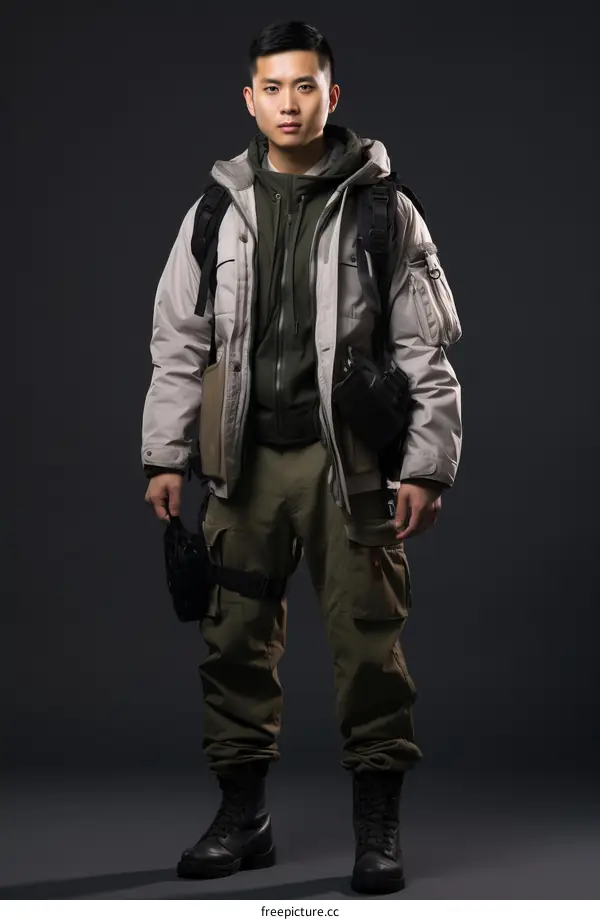 Portrait of a young Asian man wearing a futuristic outfit