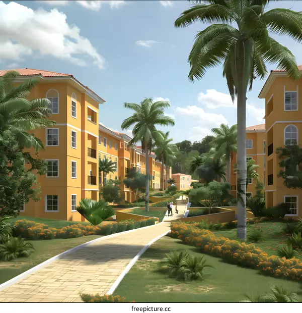 An illustration of a residential area with palm trees.