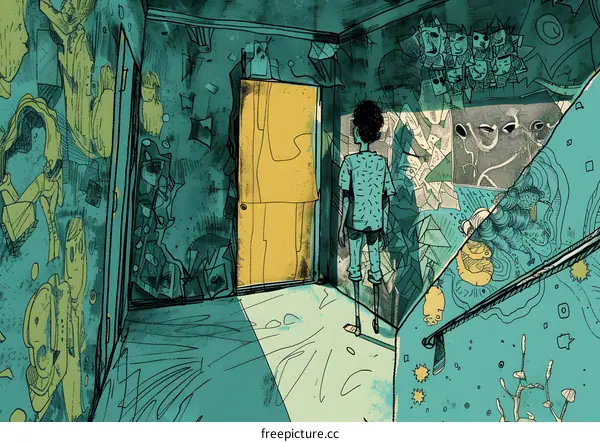 A Man Standing in a Hallway Decorated with Abstract Art