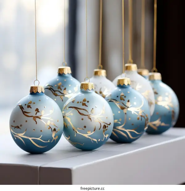 Blue and white Christmas ornaments hanging in front of a window