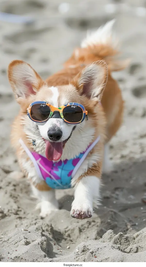 A happy corgi wearing sunglasses is running on the beach