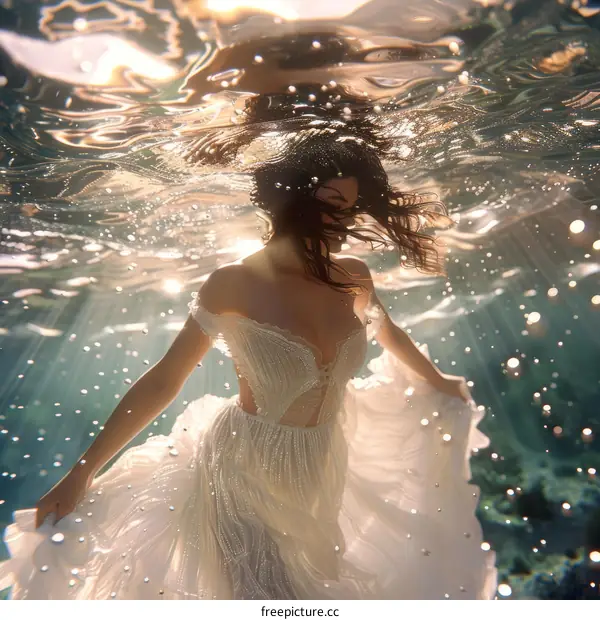 A surreal portrait of a young woman in a white dress underwater