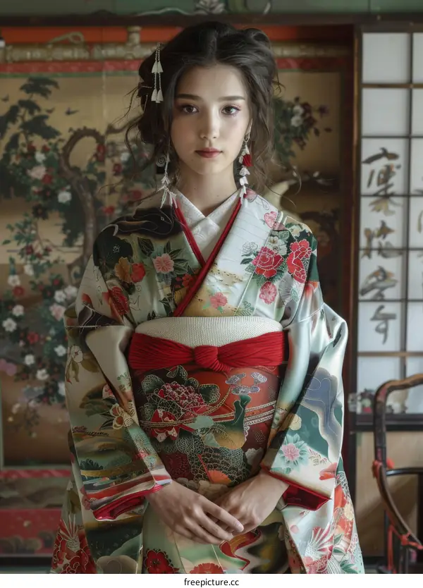 Portrait of a young woman in a kimono