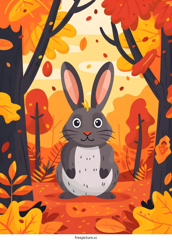 Cute Cartoon Rabbit In Autumn Forest