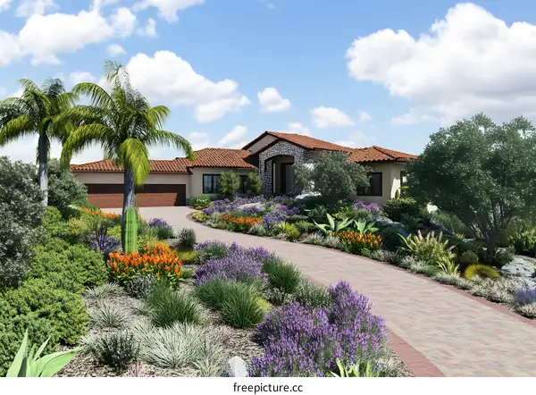 Modern House with Beautiful Landscaping and Palm Trees