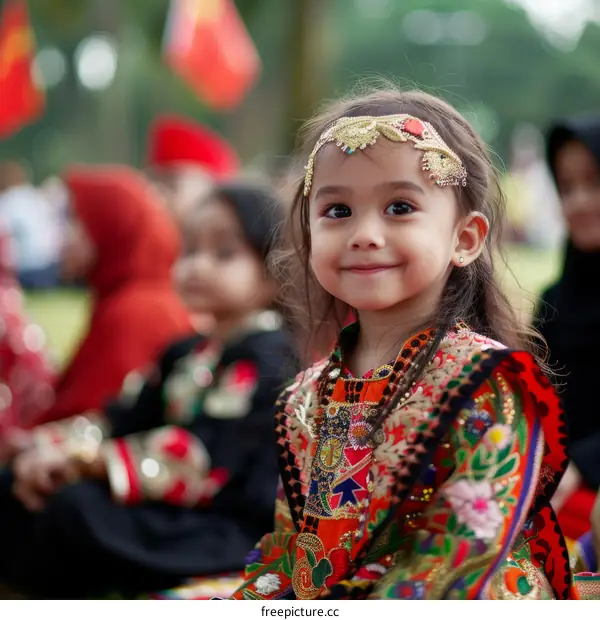 A young girl in a colorful dress smiles at the camera