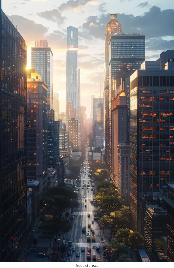 Sunrise over a bustling city street