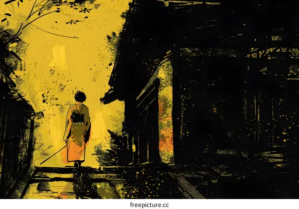 Woman in Traditional Japanese Clothing Walking Through a Street