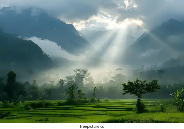 Sunbeams Breaking Through Clouds Over Mountain Range