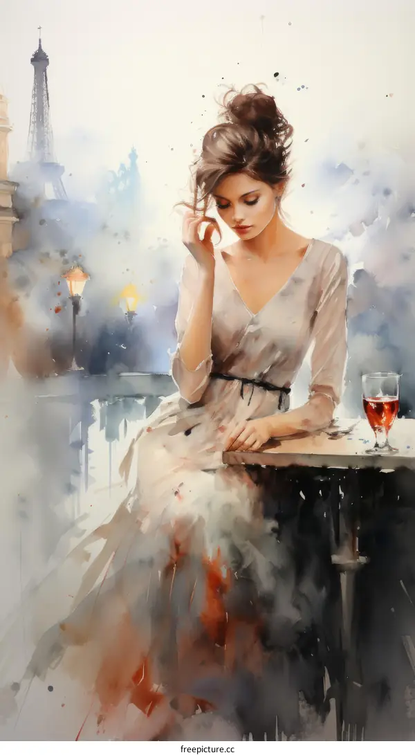 Elegant lady sipping on red wine under the Eiffel Tower