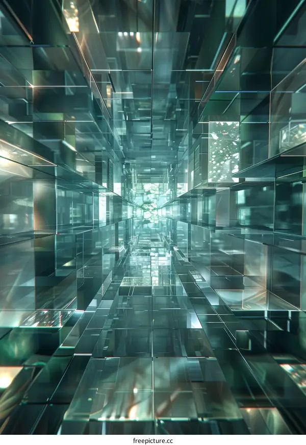 Abstract 3D rendering of a glass tunnel with green reflections