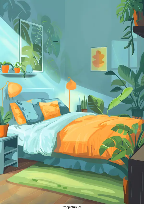 Modern Bedroom Interior Design With Green Plants And Sunlight