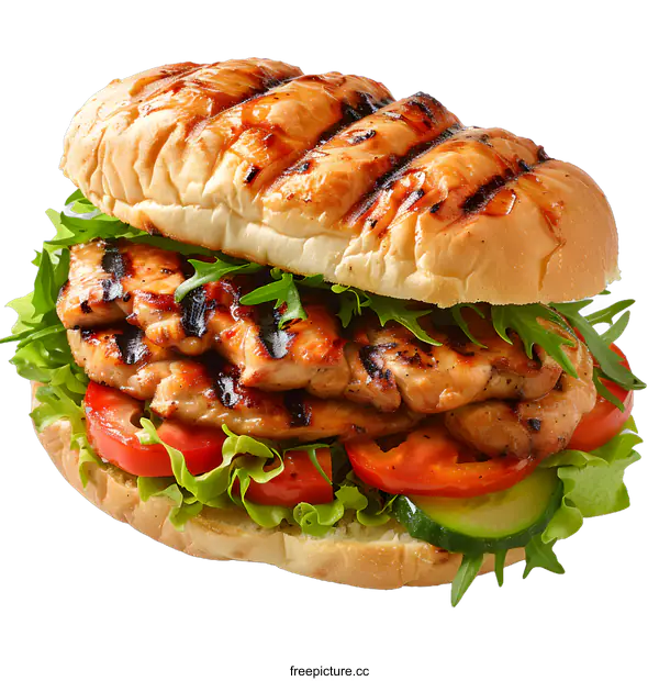 [Transparent Background PNG]Grilled chicken sandwich with lettuce, tomato, and cucumber