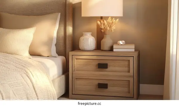 Cozy Bedroom Interior Design with Natural Wooden Nightstand