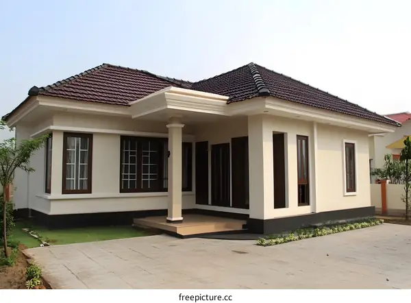Modern Single Story House with Brown Roof and White Walls