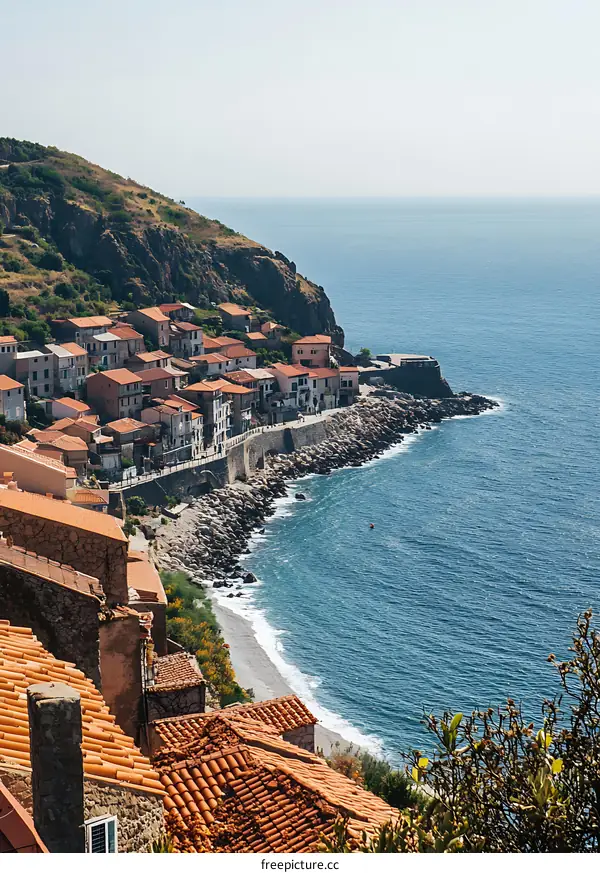 Aerial View of Mediterranean Village on the Coast