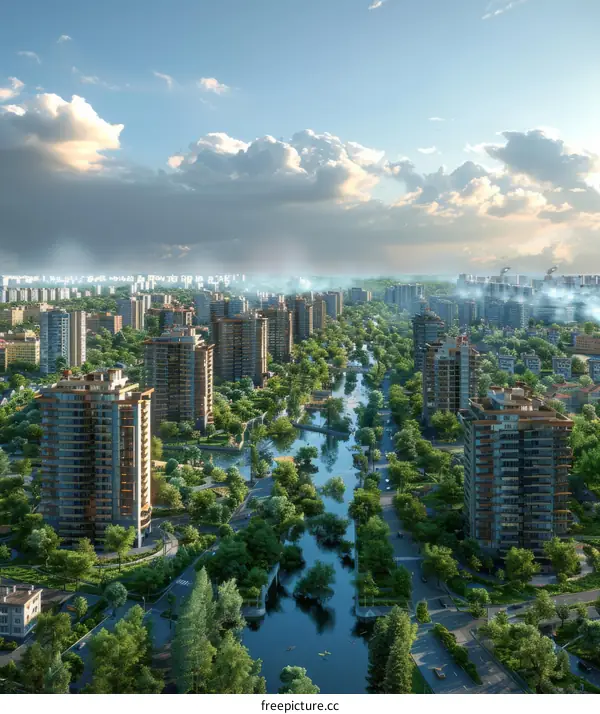 Urban Skyline with River and Bridge