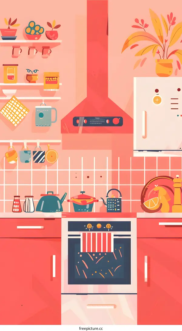 Red and White Kitchen Interior with Modern Appliances