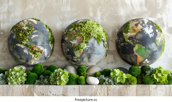Three Moss Covered Globe Decorated On A Wall