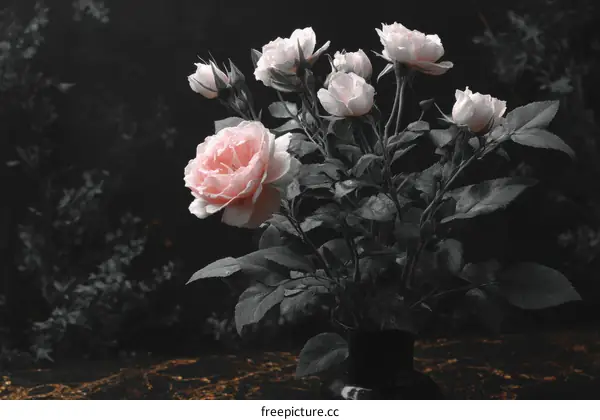 Romantic Pink Roses in Dark Garden Setting