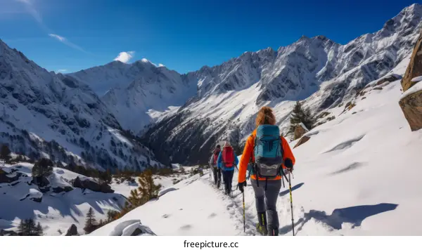 Four people snowshoeing in the mountains