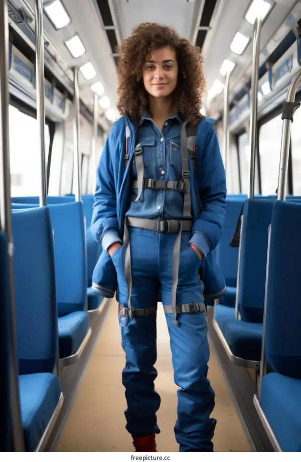 A young woman in a blue spacesuit standing in a train