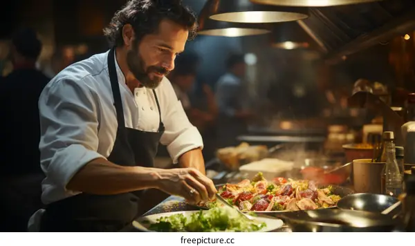Focused male chef plating food in a busy restaurant kitchen