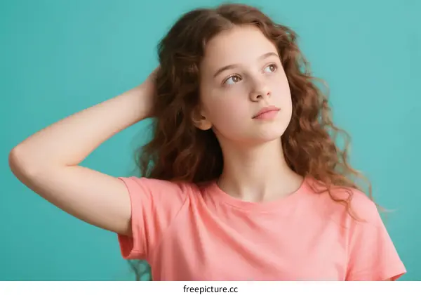 A Young Girl with Curly Hair Looking Up Against Teal Background