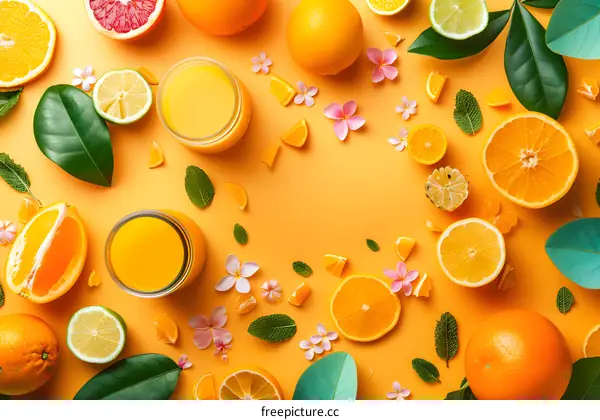 Orange Juice With Fresh Citrus Fruits And Flowers