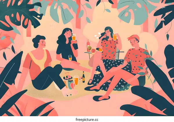 Friends Enjoying a Picnic in a Tropical Garden